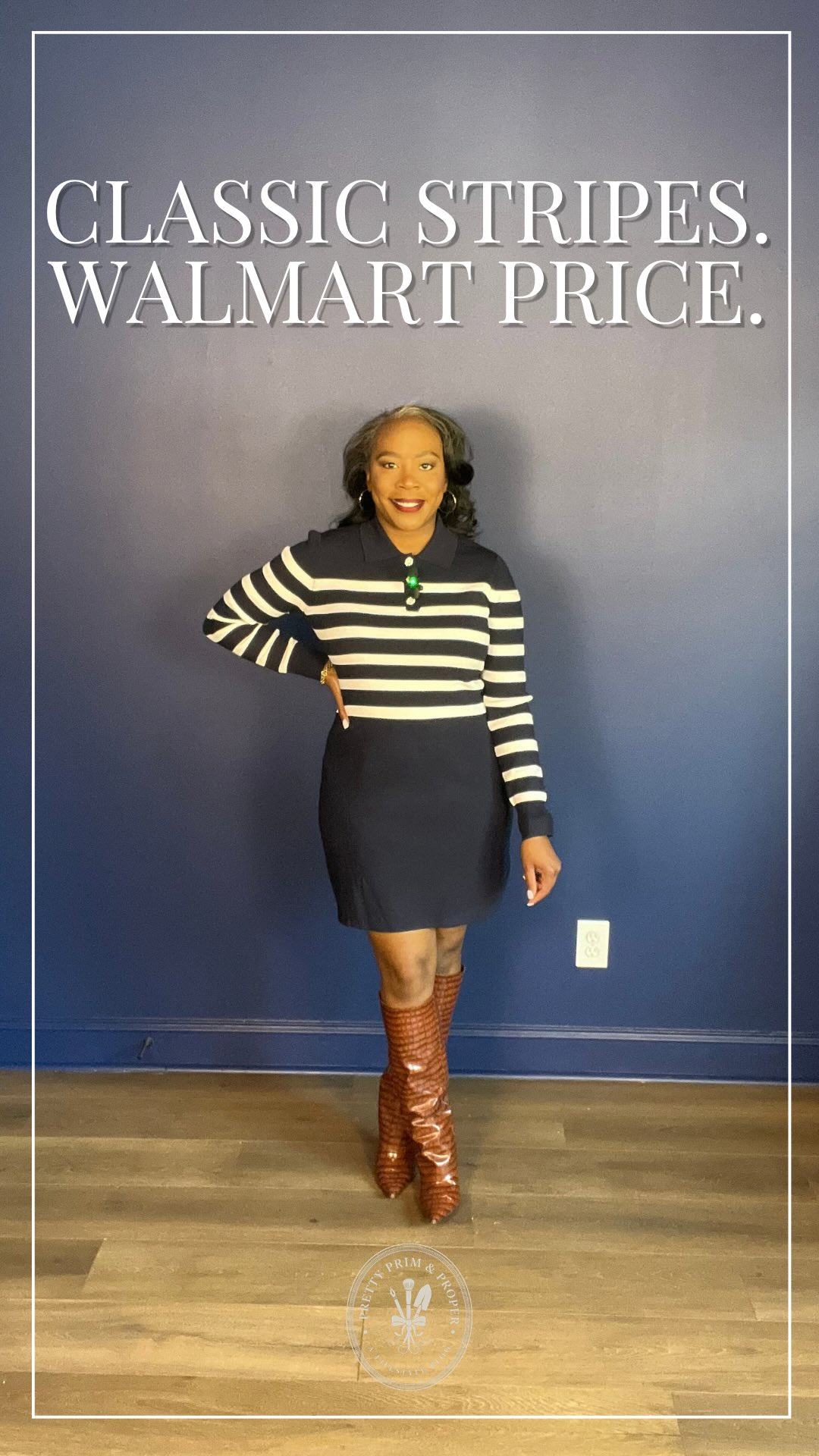 Classic taste, affordable find. 🤎

This @walmart dress brings together timeless stripes, a polished collar, and an easy silhouette. I paired it with cognac knee-high boots and gold hoops for a little prep, the Pretty Prim way.

Styling tip: warm brown accessories add a beautiful contrast to dark-and-cream stripes.

Save this for your next fall outfit!

#WalmartFashion #AffordableStyle #ClassicStyle #FallOutfitIdeas #PrettyPrimAndProper

Comment SHOP below to receive a DM with the link to this post on my LTK ⬇ https://liketk.it/6p9by